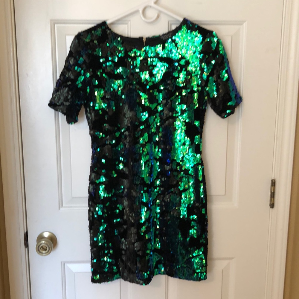 Topshop cocktail dress, green & black sequins, lined, outside zipper.